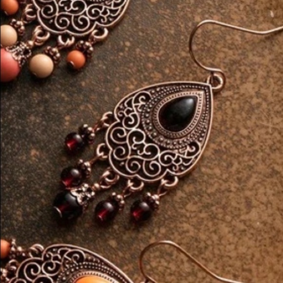 Boho Beaded Stone Tassel Water Drop Earrings - Picture 2 of 2